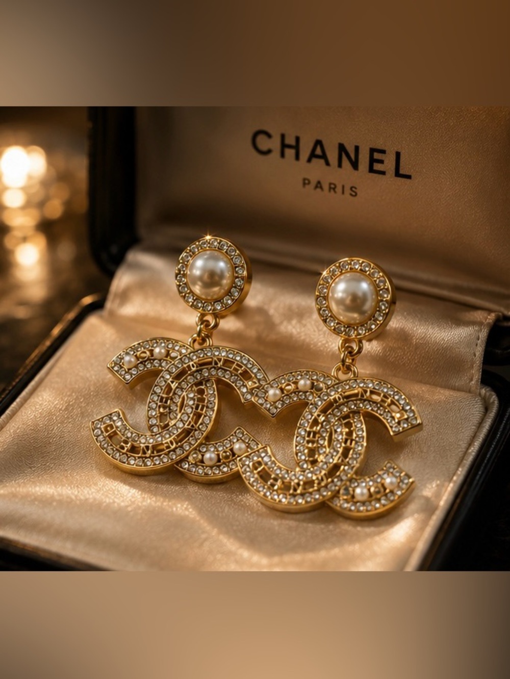 Gold Tone Pearl Crystal Interlocking C Statement Drop Earrings
